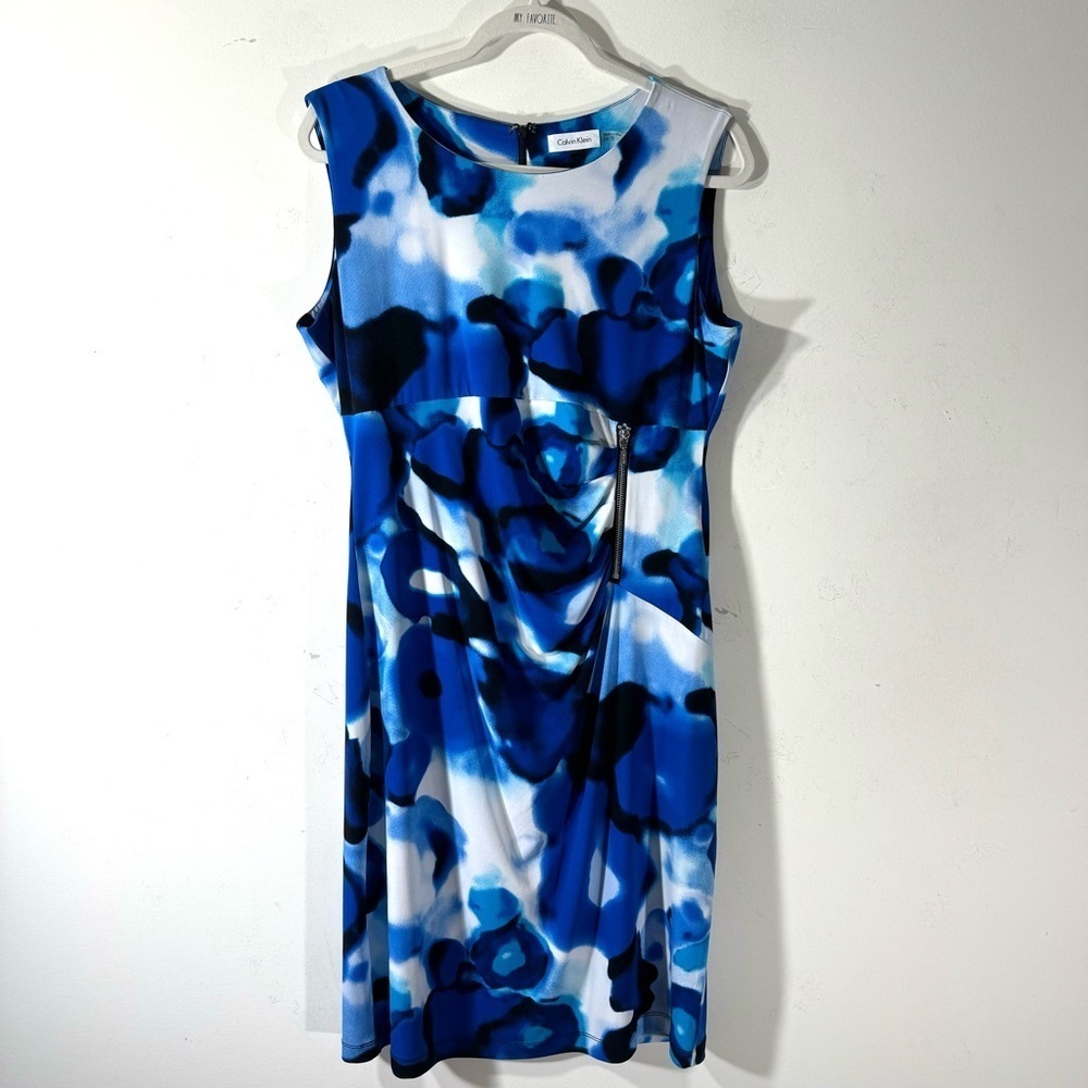 Calvin Klein Blue Print Sleeveless Ruched Dress